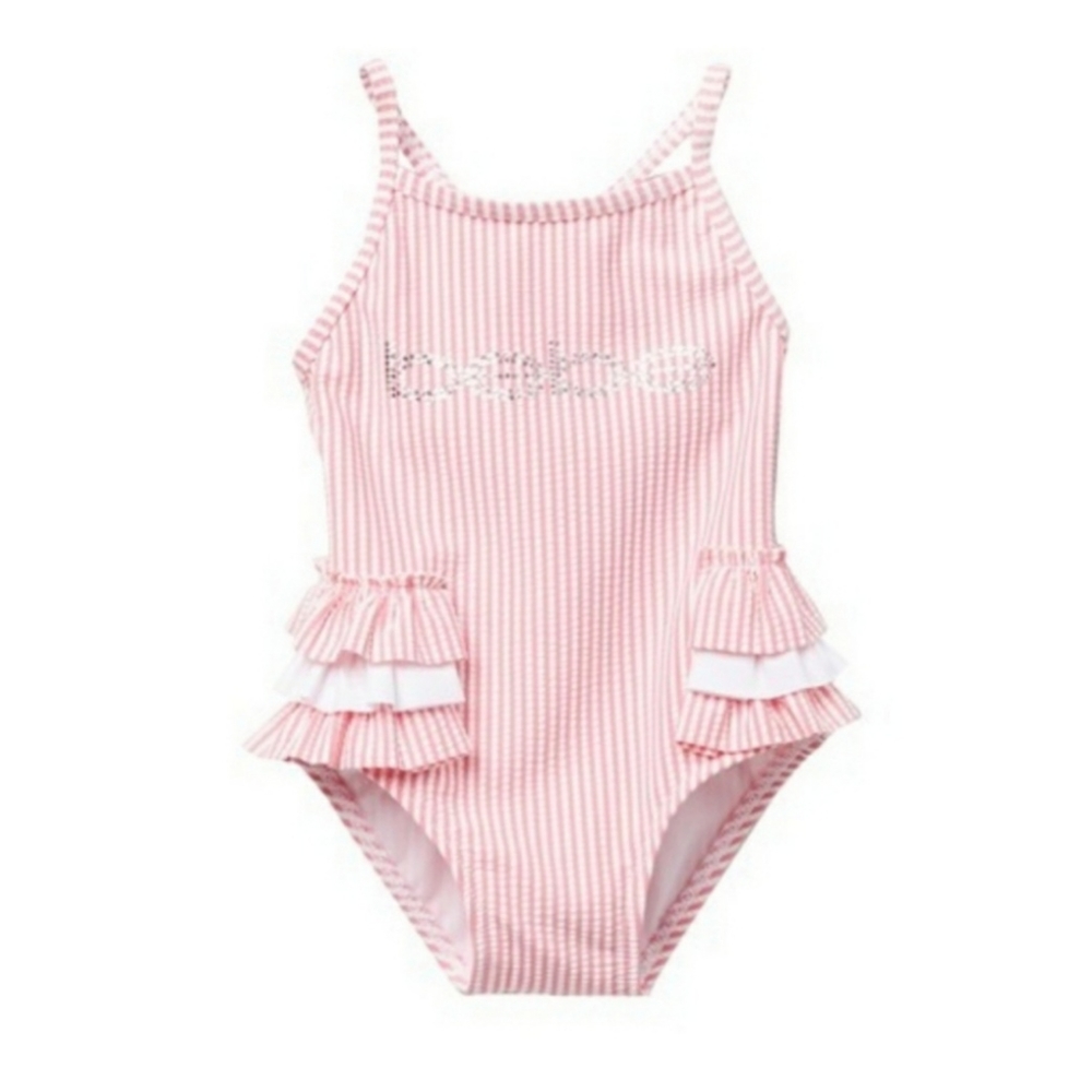 🆕️ bebe baby Seersucker Ruffle One-Piece Swimsuit NWT